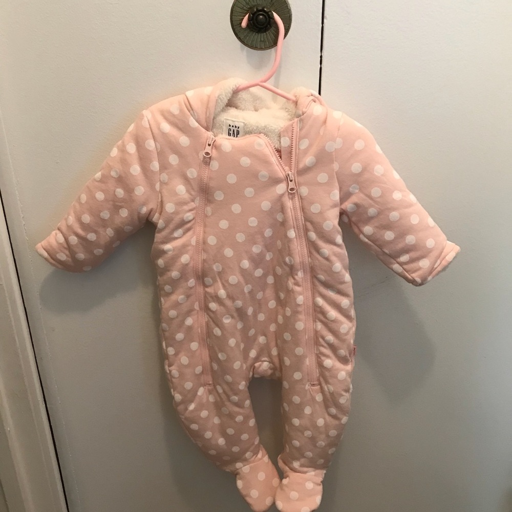 Pink and white polka dot snowsuit